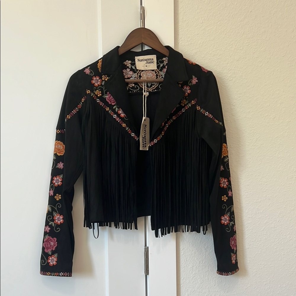 Savanna Jane Black and Pink Leather Jacket with Fringe and Embroidery